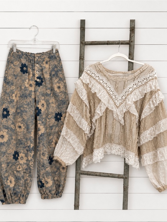 POL Pants - NEW POLSET: “The Flora” Boho Trim Cream Lace Blouse and Floral button joggers